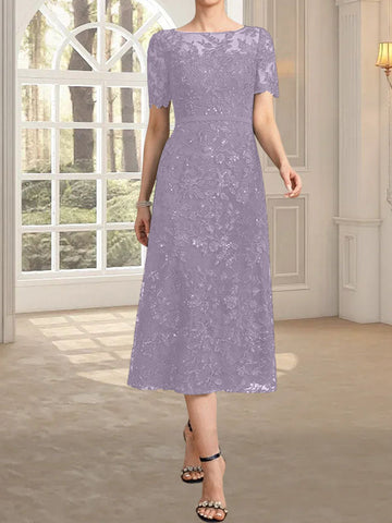 A-line Scoop Illusion Tea-Length Lace Mother of the Bride Dress With Sequins