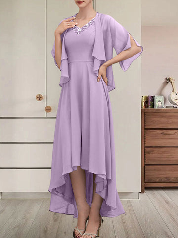 A-line V-Neck Asymmetrical Chiffon Mother of the Bride Dress With Beading Sequins