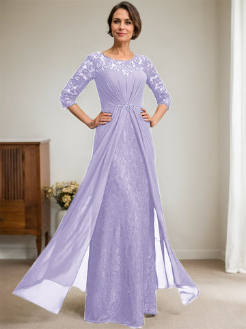 A-Line Scoop Illusion Floor-Length Lace Chiffon Mother Of the Bride Dress With Beading Ruffles