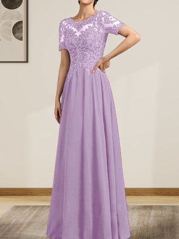 A-line Scoop Illusion Floor-Length Chiffon Lace Mother of the Bride Dress With Sequins Beading