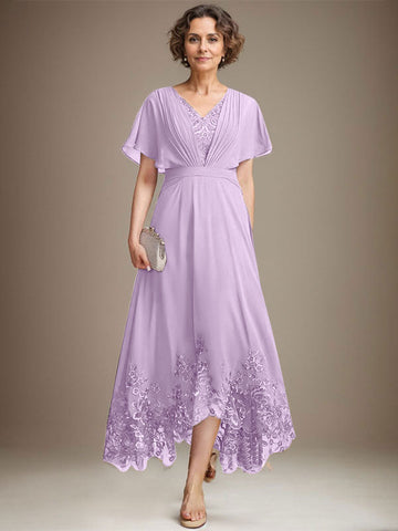 A-line V-Neck Asymmetrical Lace Chiffon Mother of the Bride Dress With Pleated