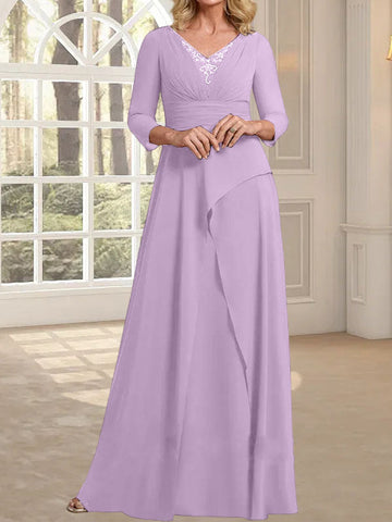 A-line V-Neck Floor-Length Chiffon Mother of the Bride Dress With Pleated Beading