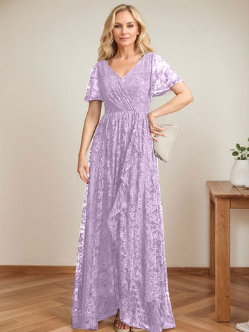 Vestido de novia de encaje asimétrico con escote en V y corte en A para la madre de la novia, con volantes en cascada. 