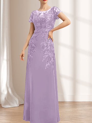 Vestido de novia de corte recto/columna, escote redondo, ilusión, largo hasta el suelo, de encaje y gasa con lentejuelas.