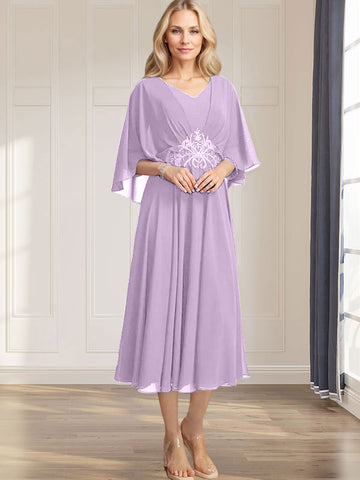 A-line V-Neck Tea-Length Chiffon Mother of the Bride Dress With Pleated Sequins Appliques Lace Beadind