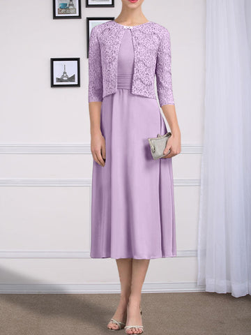 A-line Scoop Tea-Length Chiffon Mother of the Bride Dress With Pleated