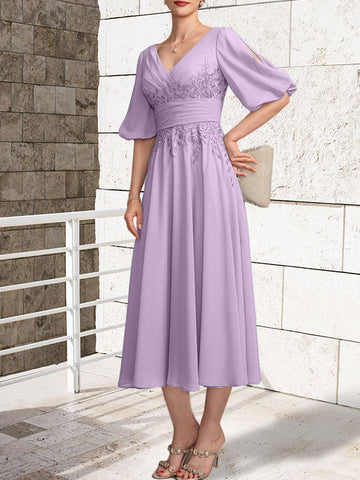 A-line V-Neck Tea-Length Lace Chiffon Mother of the Bride Dress With Pleated