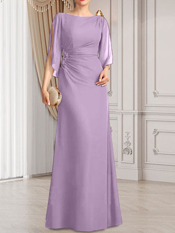 Vestido de corte recto/columna, largo hasta el suelo, de gasa, para la madre de la novia, con plisados ​​y cuentas.