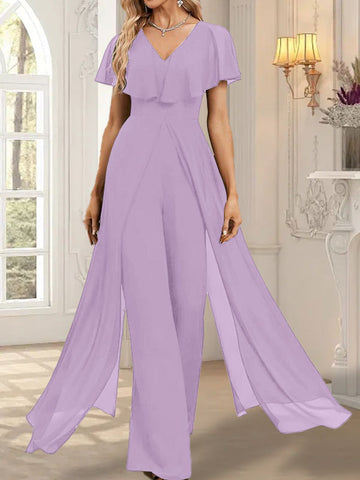 Jumpsuit/Pantsuit V-Neck Floor-Length Chiffon Evening Dress