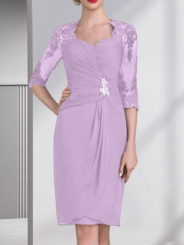 Sheath/Column Sweetheart Knee-Length Chiffon Mother of the Bride Dress With Beading Appliques Lace Sequins Pleated