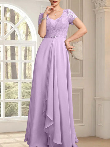 A-line Sweetheart Floor-Length Chiffon Lace Mother of the Bride Dress With Beading Cascading Ruffles