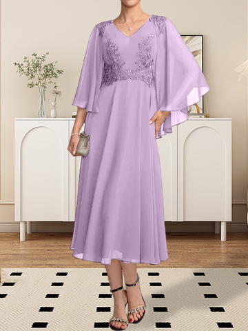 A-line V-Neck Tea-Length Chiffon Lace Mother of the Bride Dress With Beading Sequins