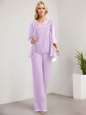 Separates Jumpsuit/Pantsuit Scoop Floor-Length Lace Chiffon Mother of the Bride Dress With Sequins