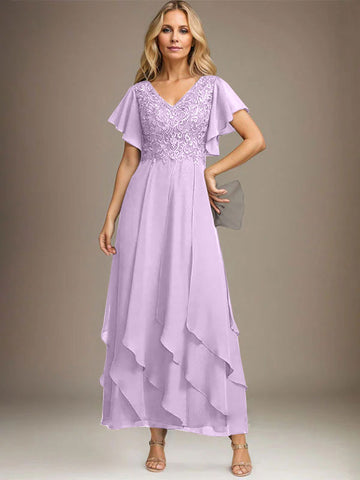 A-line V-Neck Ankle-Length Lace Chiffon Mother of the Bride Dress With Cascading Ruffles