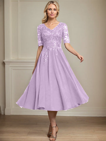 A-line V-Neck Tea-Length Lace Chiffon Mother of the Bride Dress With Sequins