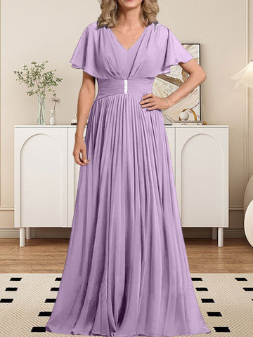 A-line V-Neck Floor-Length Chiffon Mother of the Bride Dress With Crystal Brooch Pleated