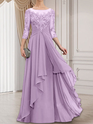 A-line Scoop Illusion Floor-Length Lace Chiffon Mother of the Bride Dress With Cascading Ruffles