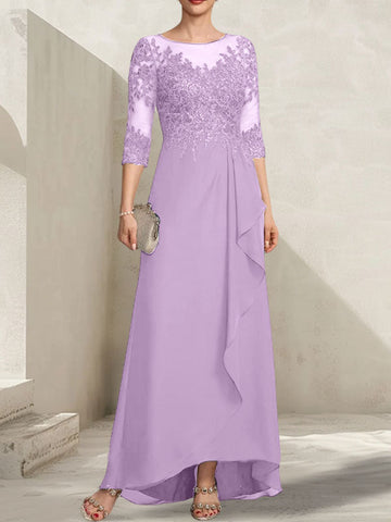 A-line Scoop Illusion Asymmetrical Lace Chiffon Mother of the Bride Dress With Sequins Cascading Ruffles