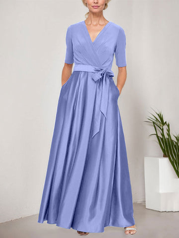 Surplice Neckline Ballgown with Full Satin Skirt & Jersey Bodice