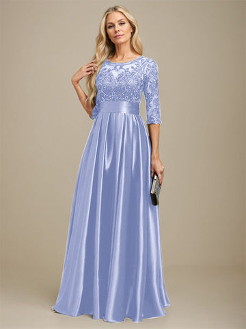 A-line Scoop Illusion Floor-Length Stretch Satin Lace Mother of the Bride Dress With Bow Sequins