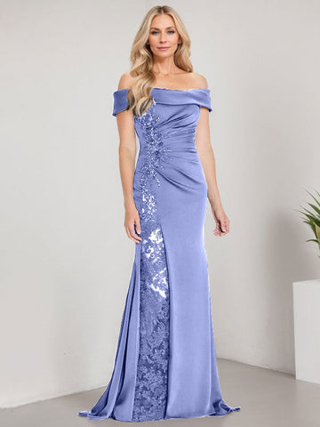 A-Line Off the Shoulder Floor-Length Mother of the Bride Dress Applique Beadings Mermaid Dress With  High Split