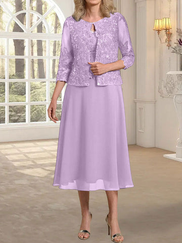 A-line Scoop Tea-Length Lace Chiffon Mother of the Bride Dress With Sequins