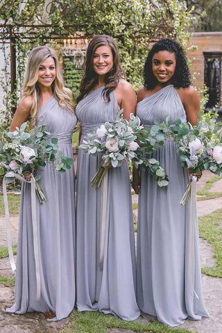 Lavender Chiffon Open Back One-Shoulder Long Bridesmaid Dresses