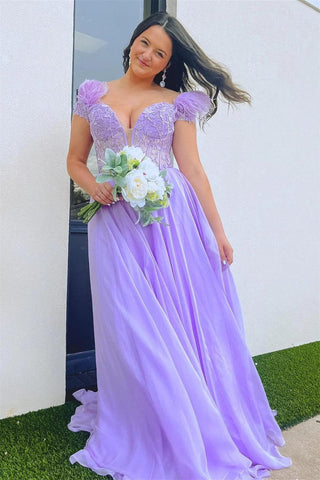 A-line Lavender Plunging Off-the-Shoulder Feathers  Long Prom Dress
