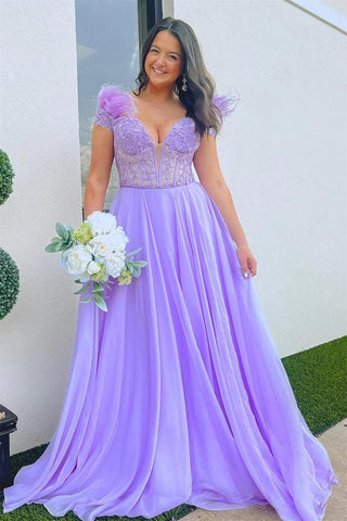 A-line Lavender Plunging Off-the-Shoulder Feathers  Long Prom Dress
