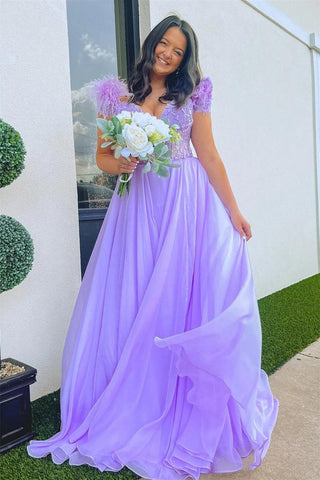 A-line Lavender Plunging Off-the-Shoulder Feathers  Long Prom Dress