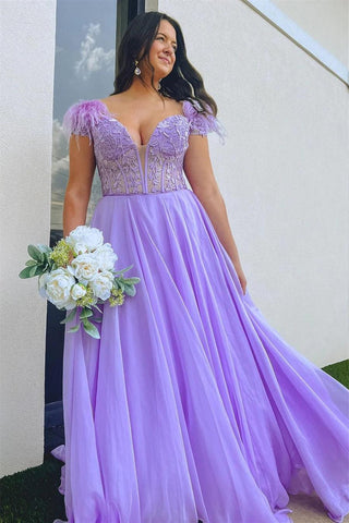 A-line Lavender Plunging Off-the-Shoulder Feathers  Long Prom Dress