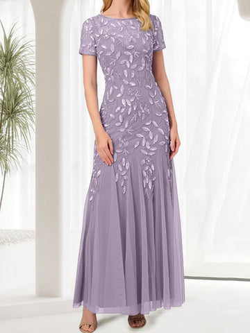 Vestido largo azul de sirena con cuello redondo para la madre de la novia con pedrería