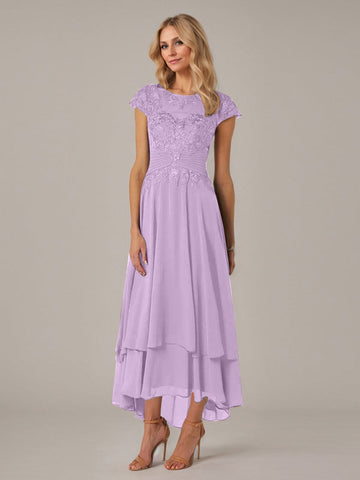 A-line Boat Neck Illusion Asymmetrical Chiffon Lace Mother of the Bride Dress With Applique Pleats