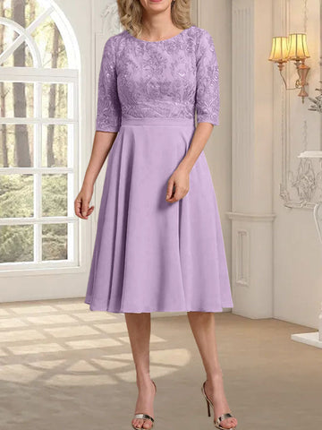 A-line Scoop Knee-Length Lace Chiffon Mother of the Bride Dress