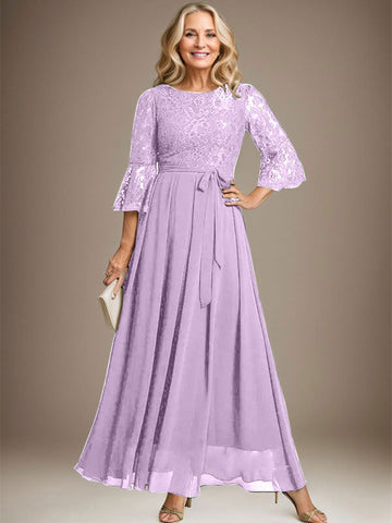 A-line Scoop Ankle-Length Lace Chiffon Mother of the Bride Dress With Bow