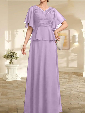 A-line V-Neck Floor-Length Chiffon Mother of the Bride Dress With Pleated Beading