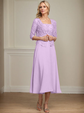 A-line Square Tea-Length Chiffon Lace Mother of the Bride Dress With Sequins Beading