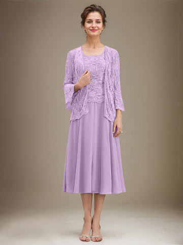 A-line Scoop Tea-Length Lace Chiffon Mother of the Bride Dress With Sequins
