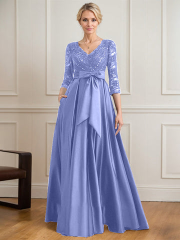 A-line V-Neck Floor-Length Satin Lace Mother of the Bride Dress With Sequins Bow