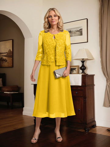 A-line Scoop Tea-Length Lace Chiffon Mother of the Bride Dress With Sequins