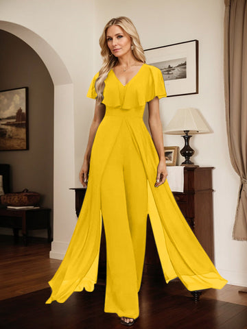 Jumpsuit/Pantsuit V-Neck Floor-Length Chiffon Evening Dress