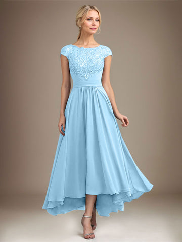 A-line Scoop Illusion Asymmetrical Lace Chiffon Mother of the Bride Dress With Pleated