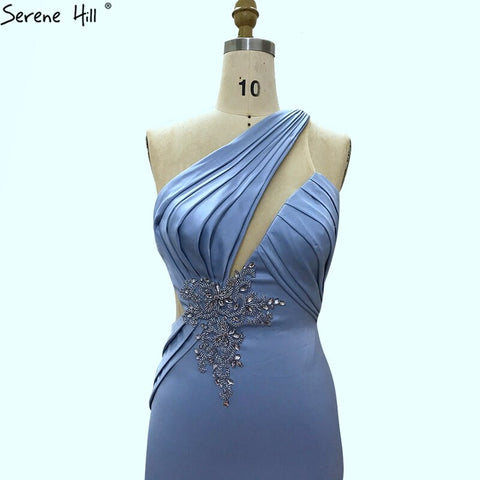 Light Blue Mermaid One Shoulder Evening Dresses 2025 Satin Sleeveless Beading Lace Up Formal Dress LA70578
