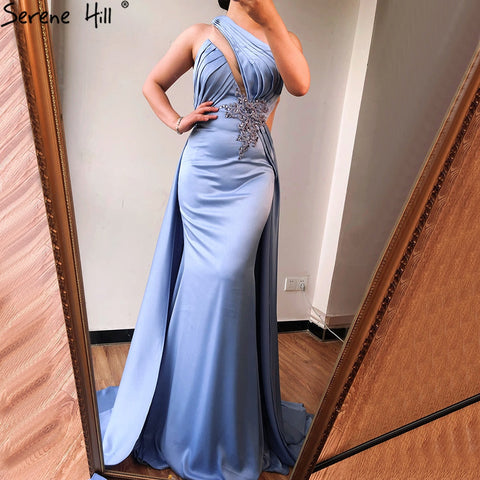Light Blue Mermaid One Shoulder Evening Dresses 2025 Satin Sleeveless Beading Lace Up Formal Dress LA70578