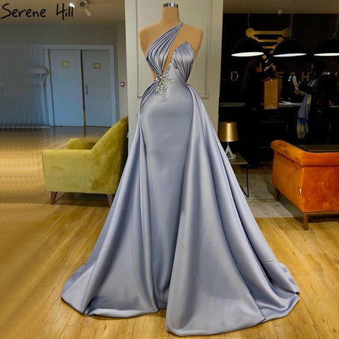 Light Blue Mermaid One Shoulder Evening Dresses 2025 Satin Sleeveless Beading Lace Up Formal Dress LA70578