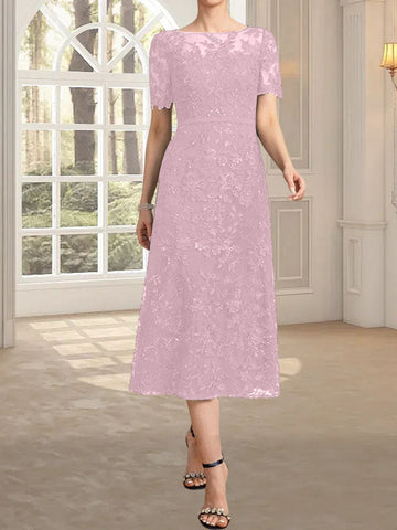 A-line Scoop Illusion Tea-Length Lace Mother of the Bride Dress With Sequins