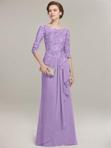 A-line Scoop Illusion Floor-Length Lace Chiffon Mother of the Bride Dress With Cascading Ruffles