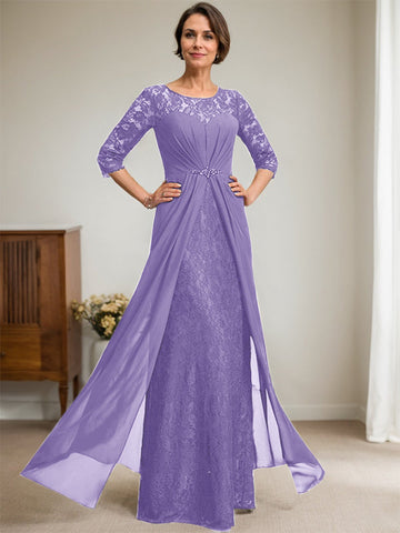 A-Line Scoop Illusion Floor-Length Lace Chiffon Mother Of the Bride Dress With Beading Ruffles