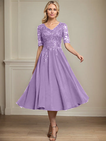 A-line V-Neck Tea-Length Lace Chiffon Mother of the Bride Dress With Sequins