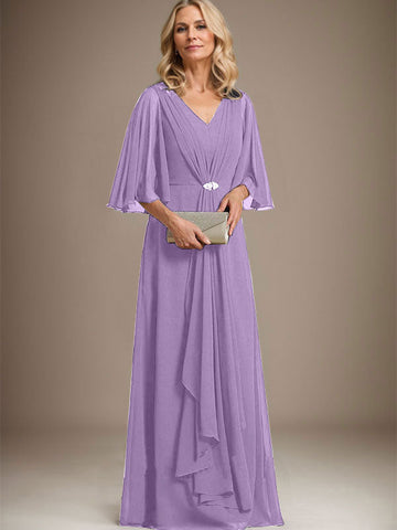 A-line V-Neck Floor-Length Chiffon Mother of the Bride Dress With Cascading Ruffles Crystal Brooch